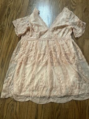 Haute Monday Light Pink Peach Lace Embroidered Floral Dress Size Large Baby Doll